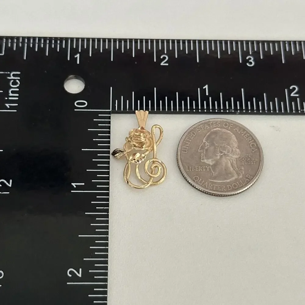 Vintage 14K Yellow Gold Rose Flower & Treble Clef Music Note Charm Pendant